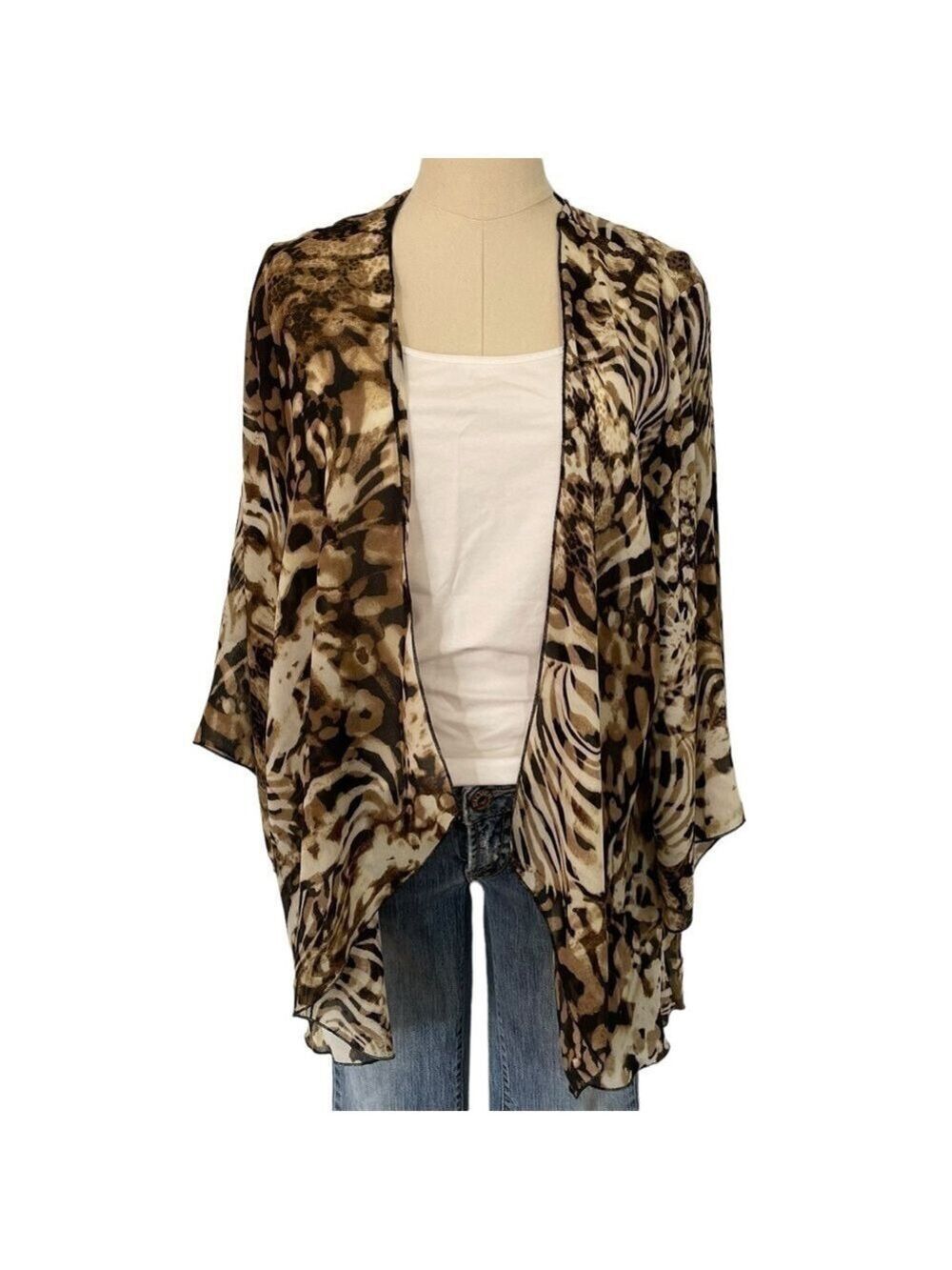 Sunny Leigh Animal Print Kimono Sz L Brown Topper Lightweight Breezy Casual EUC